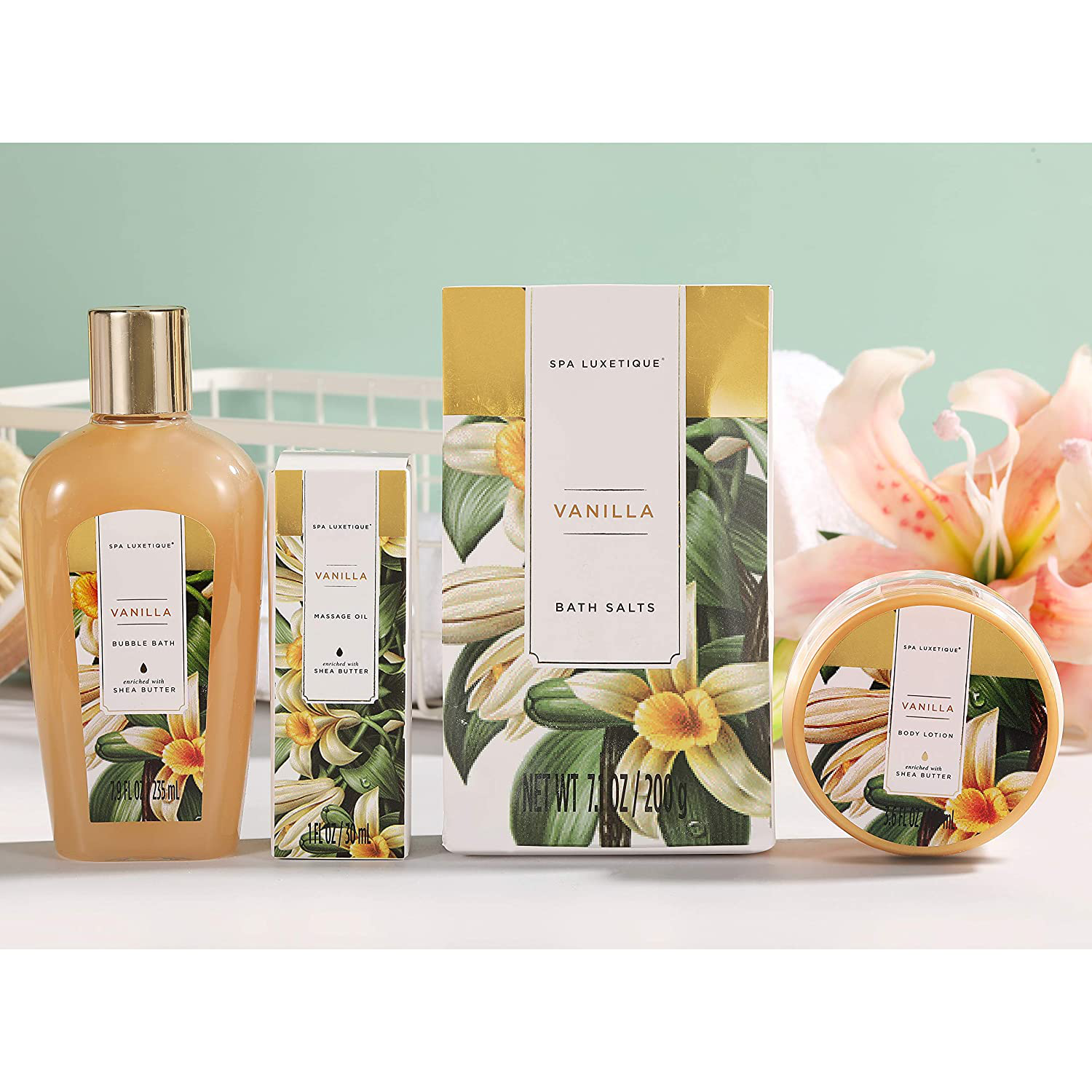 Spa Luxetique Spa Gift Basket, Vanilla Gift Baskets for Women, Luxury 15 Pcs Bath Gift Set, Relaxing at Home Bath Set with Massage Oil, Bath Salt, Bubble Bath, Christmas Gift Set for Women. Arts & Entertainment > Party & Celebration > Gift Giving spa luxetique   