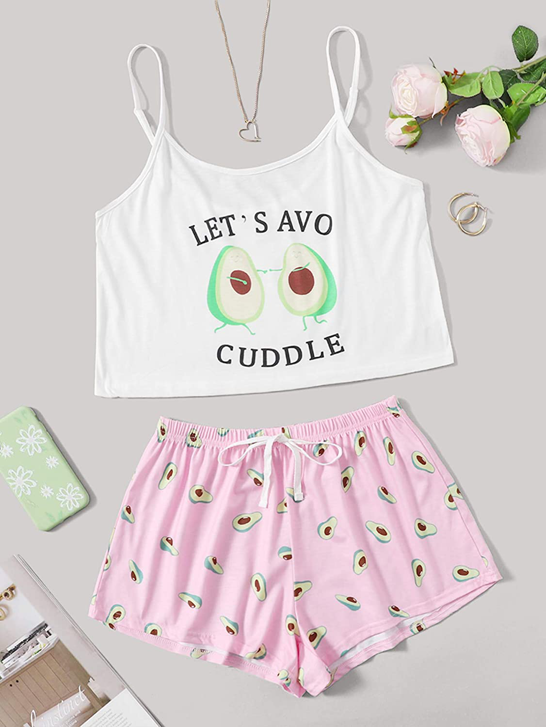 Shein Women'S Cute Cartoon Print Cami Top and Shorts Pajama Set Apparel & Accessories > Clothing > Sleepwear & Loungewear Kylie Max   