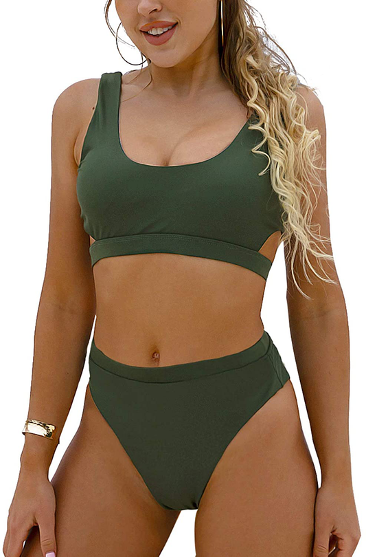Blooming Jelly Women's High Waisted Swimsuit Crop Top Cut Out Two Piece Cheeky High Rise Bathing Suit Bikini Apparel & Accessories > Clothing > Swimwear Blooming Jelly Green Medium 