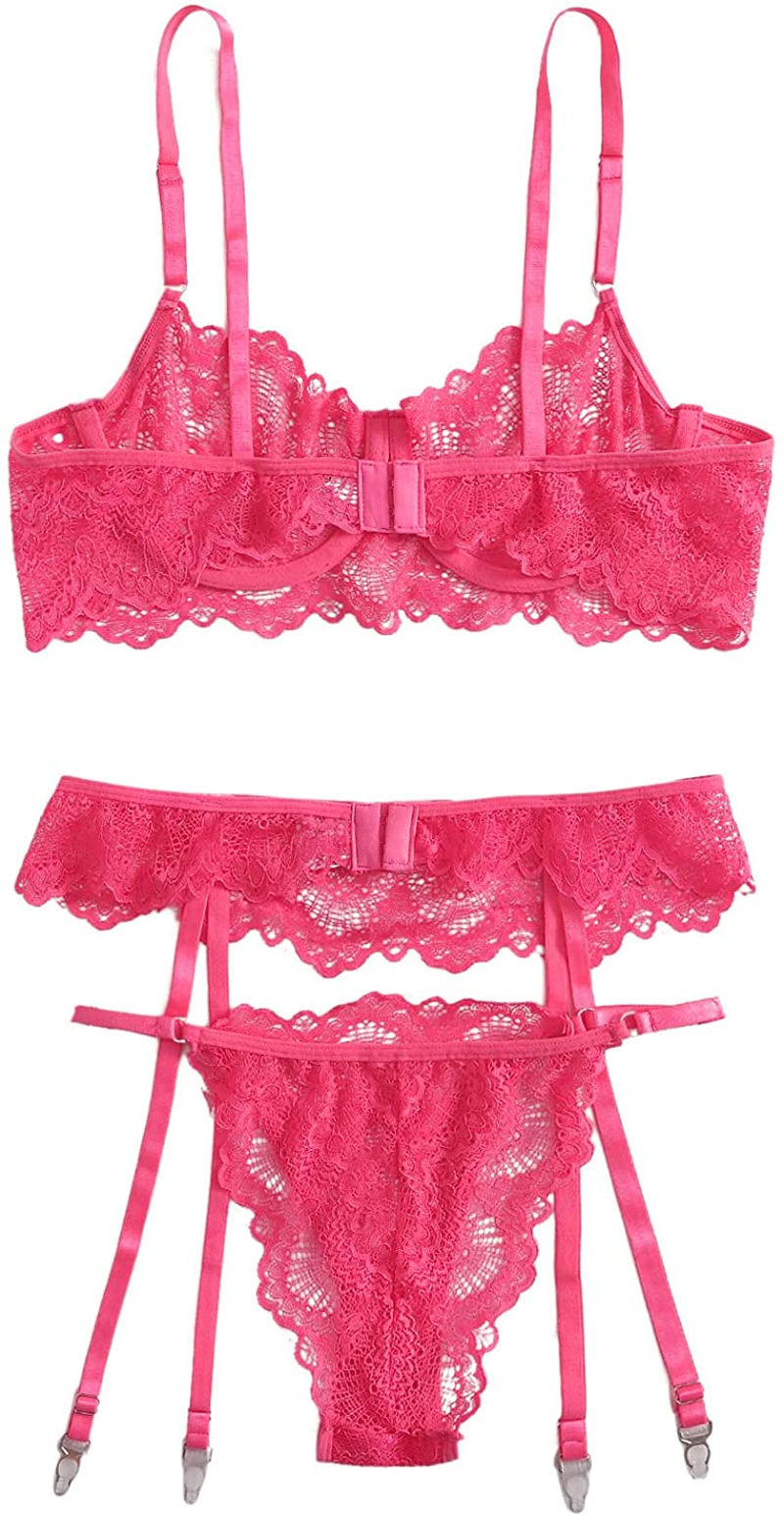 Shein Women'S 3 Piece Floral Lace Lingerie Set with Garter Belts Sexy Bra and Panty Apparel & Accessories > Clothing > Underwear & Socks > Lingerie SheIn   