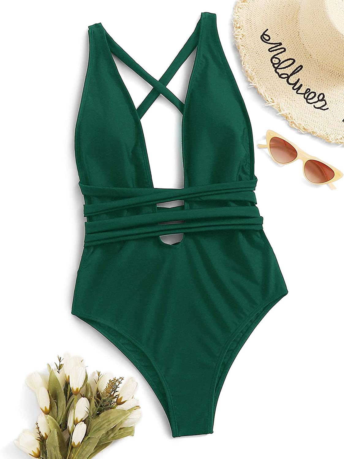 Sweatyrocks Women'S Sexy Basic Criss Cross Tie Knot Front Deep V Open Back One Piece Swimwear Apparel & Accessories > Clothing > Swimwear Kylie Max   