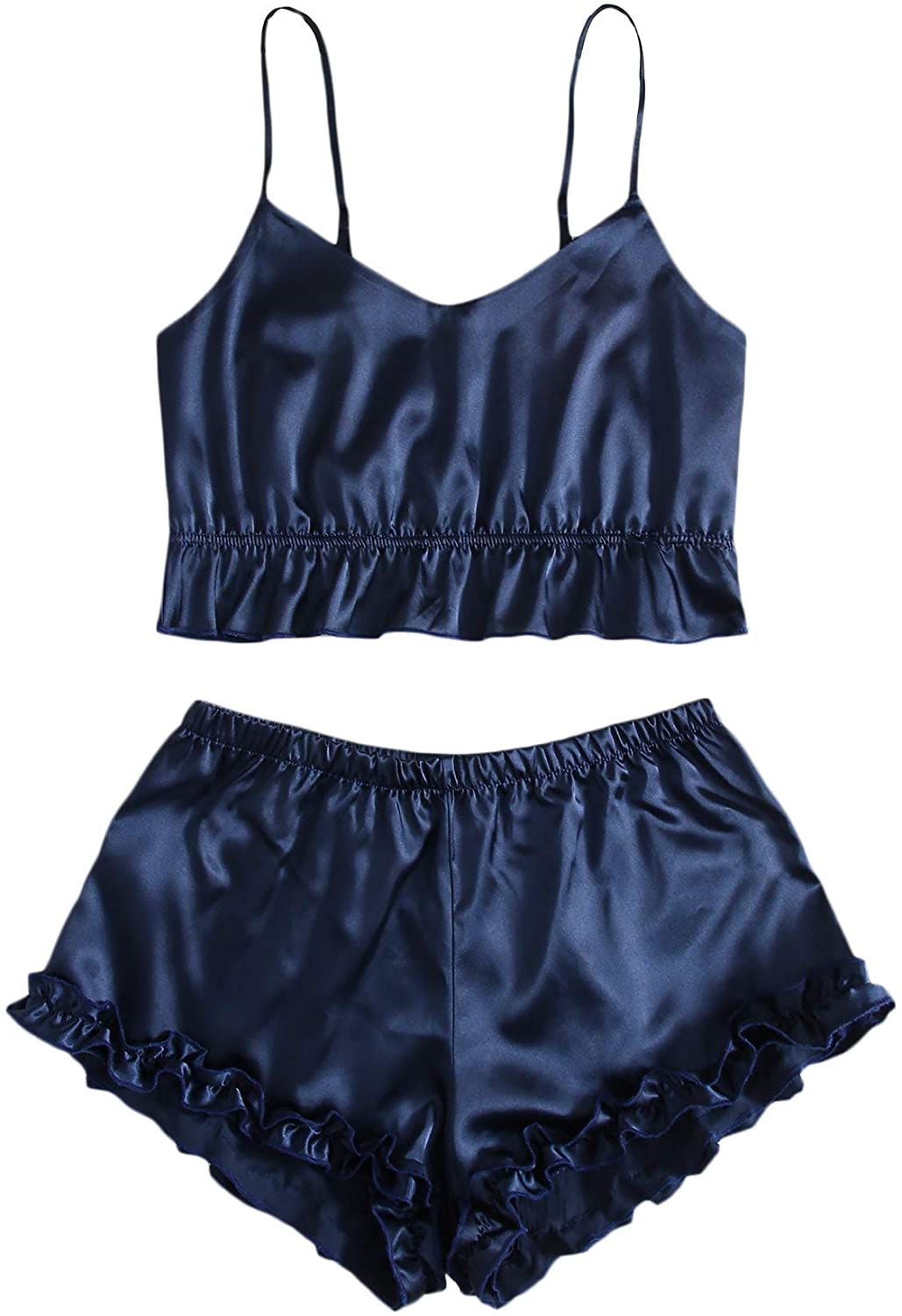 Shein Women'S Ruffle Trim Satin Sleepwear V Neck Cami Top and Shorts Pajama Set Apparel & Accessories > Clothing > Sleepwear & Loungewear Kylie Max   