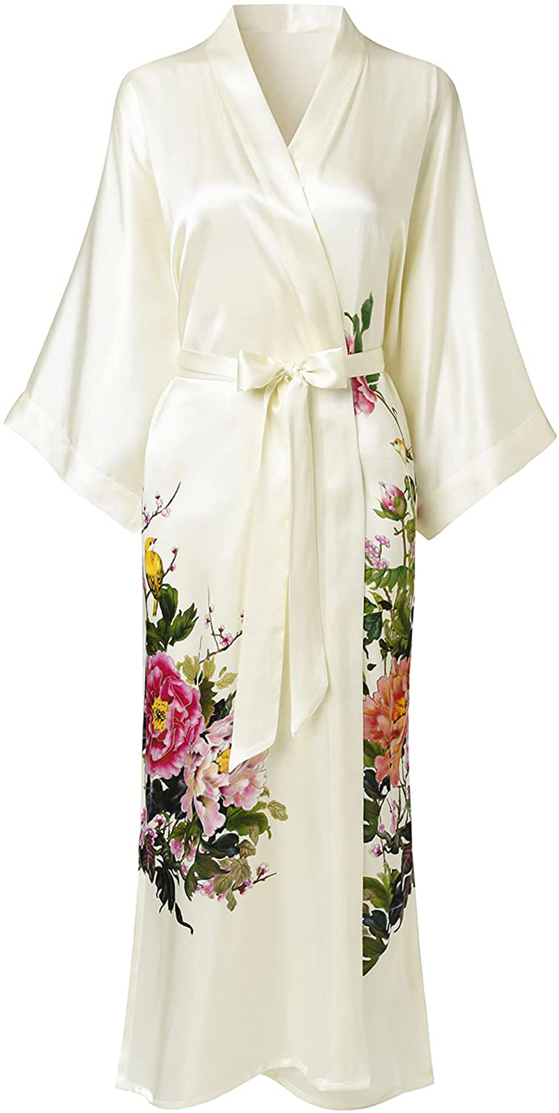 Ledamon Women'S 100% Silk Kimono Long Robe - Classic Colors and Prints Apparel & Accessories > Clothing > Sleepwear & Loungewear > Robes Ledamon Ivory-b  