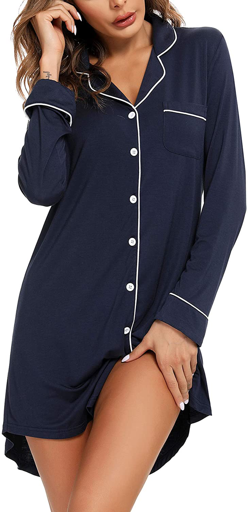 Samring Nightgown for Women Sleep Shirt Short Long Sleeve Sleepwear Boyfriend Nightshirt Button down Pajama Dress S-XXL Apparel & Accessories > Clothing > Sleepwear & Loungewear > Nightgowns Kylie Max   
