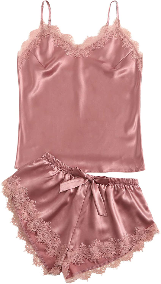 Floerns Women'S Satin Lace Cami Top and Shorts Pajama Set Apparel & Accessories > Clothing > Sleepwear & Loungewear Kylie Max   