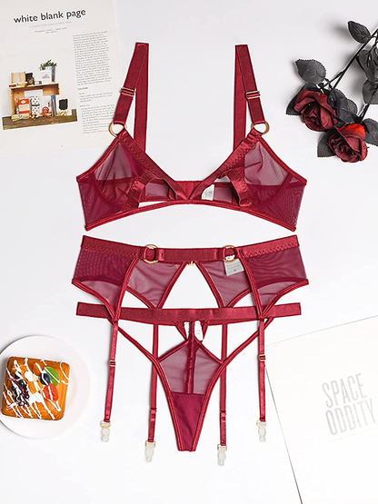Kaei&Shi Mesh Sheer,Peekaboo Bralette,Cutout Thong,Garter Belt,3 Piece Lingerie Apparel & Accessories > Clothing > Underwear & Socks > Lingerie Kaei&Shi   