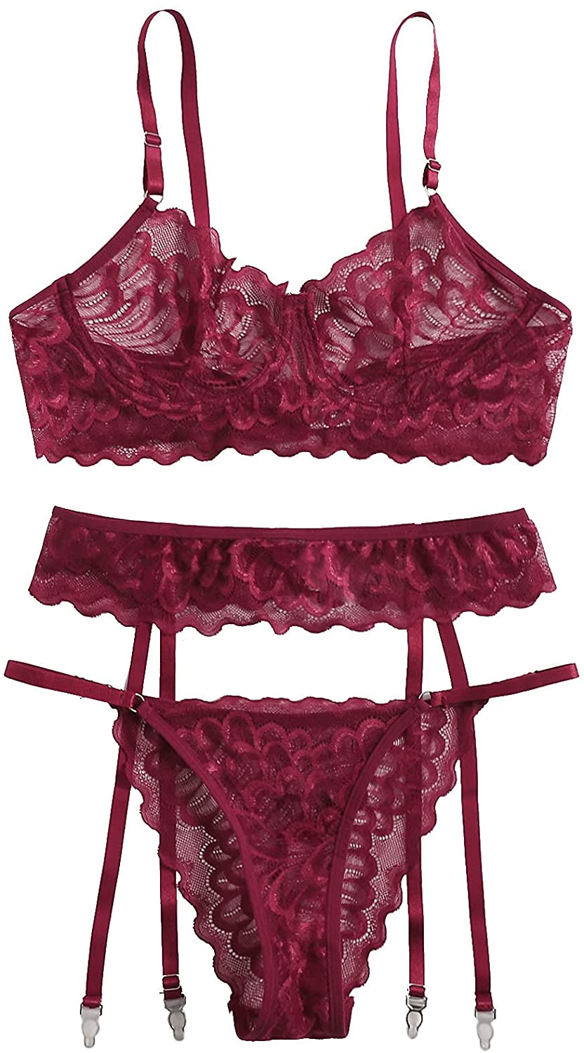 Shein Women'S 3 Piece Floral Lace Lingerie Set with Garter Belts Sexy Bra and Panty Apparel & Accessories > Clothing > Underwear & Socks > Lingerie SheIn Burgundy Scalloped X-Large 