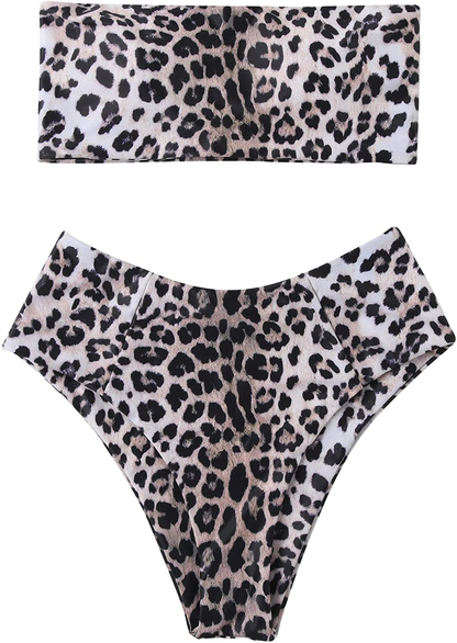 OMKAGI Women's 2 Pieces Bandeau Bikini Swimsuits Off Shoulder High Waist Bathing Suit High Cut Apparel & Accessories > Clothing > Swimwear OMKAGI White Cheetah-17 X-Large 