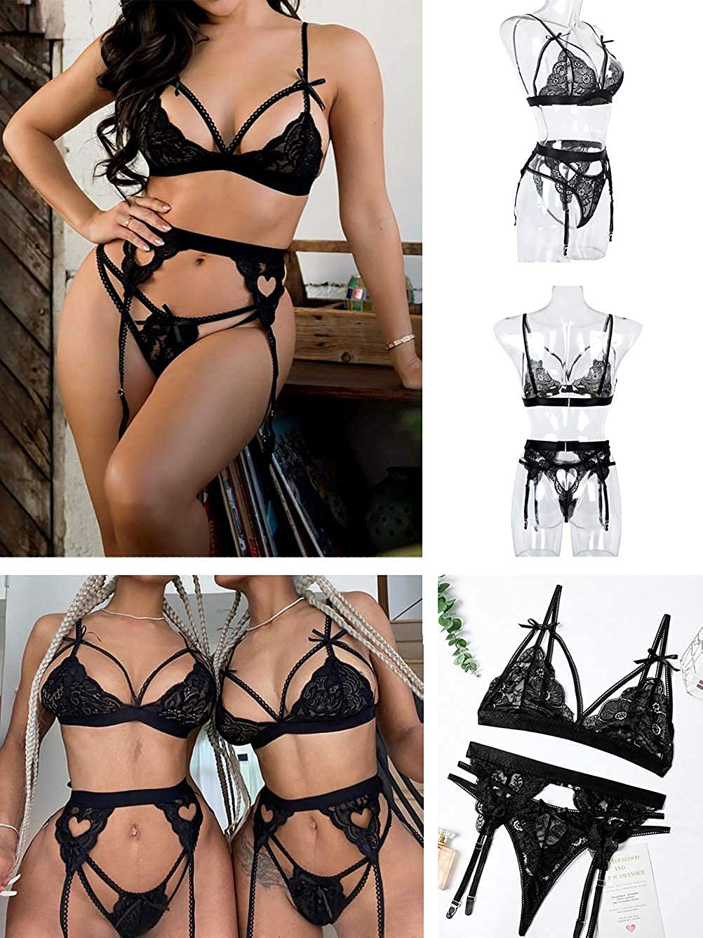 Kaei&Shi Sexy Lingerie for Women, Heart Lingerie Set with Garter Belt, Lace Bondage Lingerie Bra and Panty Sets Apparel & Accessories > Clothing > Underwear & Socks > Lingerie Kaei&Shi   