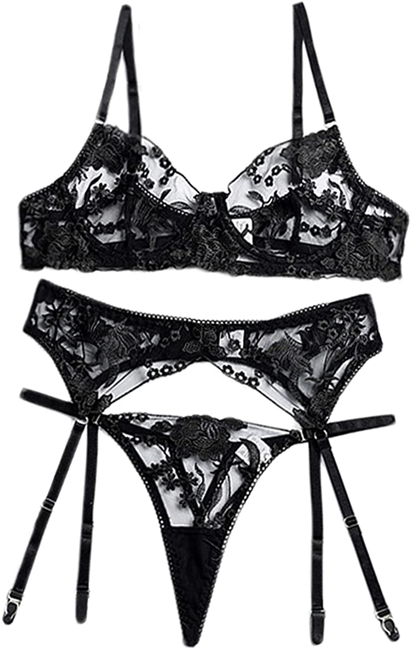 Kaei&Shi Garter Lingerie for Women,Embroidered Underwire Sexy Lingerie, High Waisted 3 Piece Lingerie Set Apparel & Accessories > Clothing > Underwear & Socks > Lingerie Kaei&Shi Black 10-12 