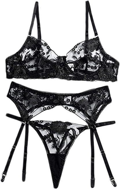 Kaei&Shi Garter Lingerie for Women,Embroidered Underwire Sexy Lingerie, High Waisted 3 Piece Lingerie Set Apparel & Accessories > Clothing > Underwear & Socks > Lingerie Kaei&Shi Black 10-12 