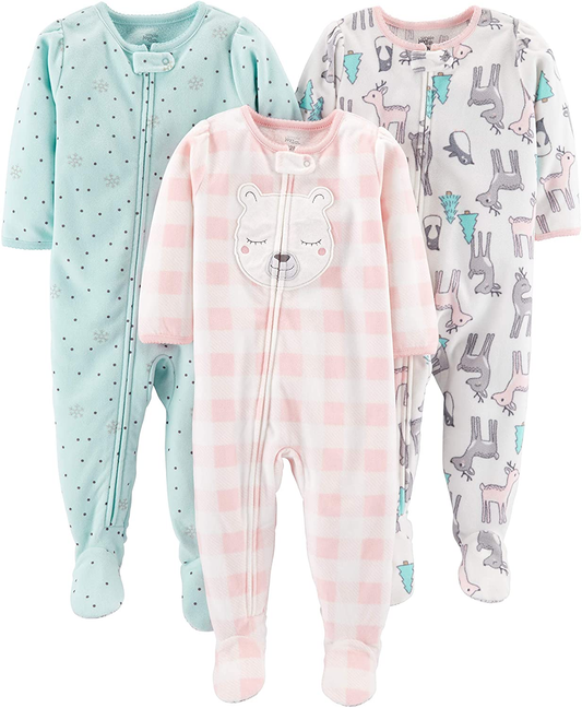 Simple Joys by Carter'S Toddler and Baby Girls' Loose Fit Fleece Footed Pajamas, Pack of 3 Apparel & Accessories > Clothing > Underwear & Socks > Lingerie Simple Joys by Carter's Pink/Teal Blue, Bear/Snowflake 3T 