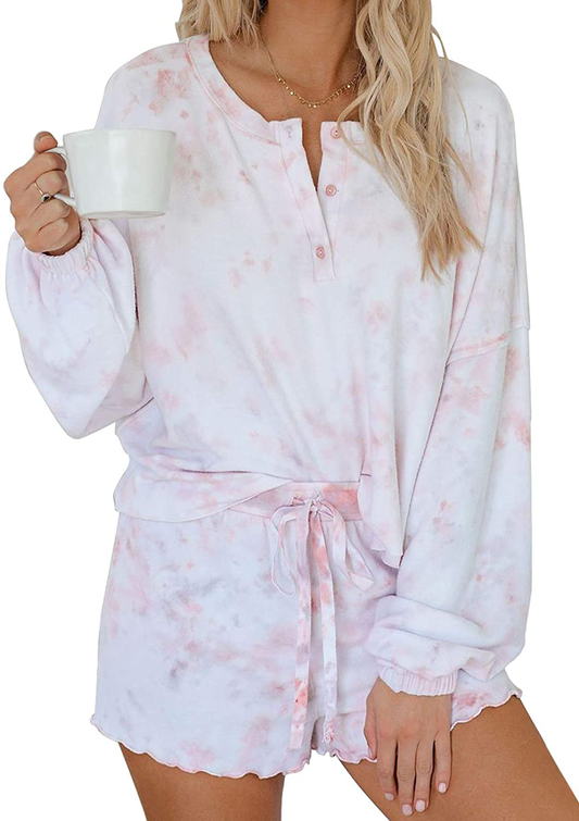 Century Star Women Pajamas Tie Dye Print Long Sleeve Shirt Elastic Drawstring Shorts 2 Piece Set Sleepwear Loungewear Apparel & Accessories > Clothing > Sleepwear & Loungewear > Pajamas Kylie Max   