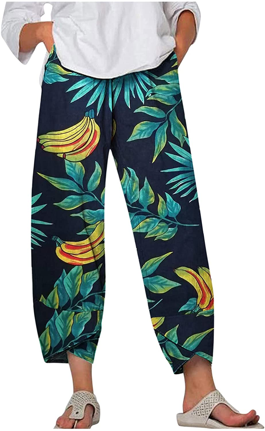 Burband Womens Floral Print Boho Yoga Pants Elephant Linen Harem Pants Wide Leg Work Trousers Palazzo Lounge Hippie Clothes Apparel & Accessories > Clothing > Underwear & Socks > Shapewear Burband Green Small 
