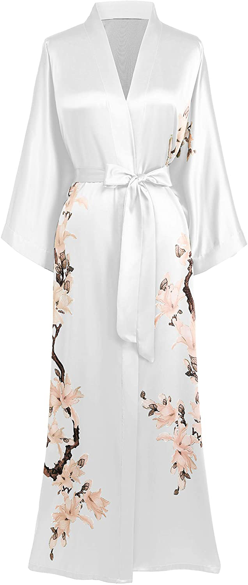 BABEYOND Kimono Robe Cover up Long Floral Satin Sleepwear Silky Bathrobe Bachelorette Robe Apparel & Accessories > Clothing > Sleepwear & Loungewear > Robes KYLIE MAX Porcelain White  