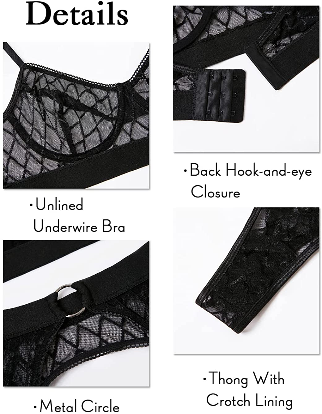 Kaei&Shi Geometric Embroidered Mesh Sheer,Underwire,Thong,Garter Belt Lingerie Apparel & Accessories > Clothing > Underwear & Socks > Lingerie Kaei&Shi   