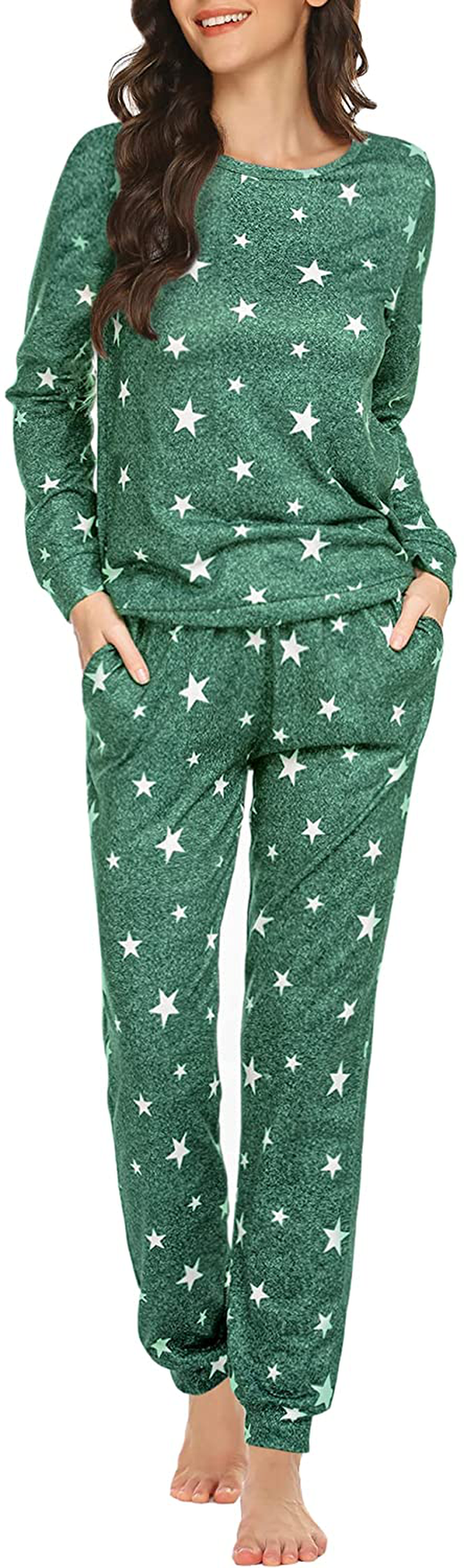 Ekouaer Womens Pajama Set Long Sleeve Sleepwear Star Print Nightwear Soft Pjs Lounge Sets with Pockets Apparel & Accessories > Clothing > Sleepwear & Loungewear > Pajamas Ekouaer B-green White Star X-Small 