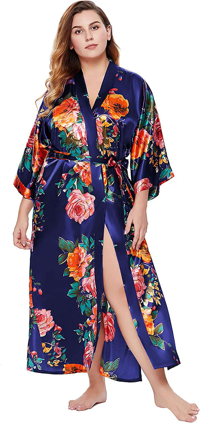 BABEYOND Kimono Robe plus Size Long Floral Satin Robes plus Size Kimono Cover up Loose Cardigan Top Bachelorette Party Robe Apparel & Accessories > Clothing > Sleepwear & Loungewear > Robes KYLIE MAX Navy Blue  