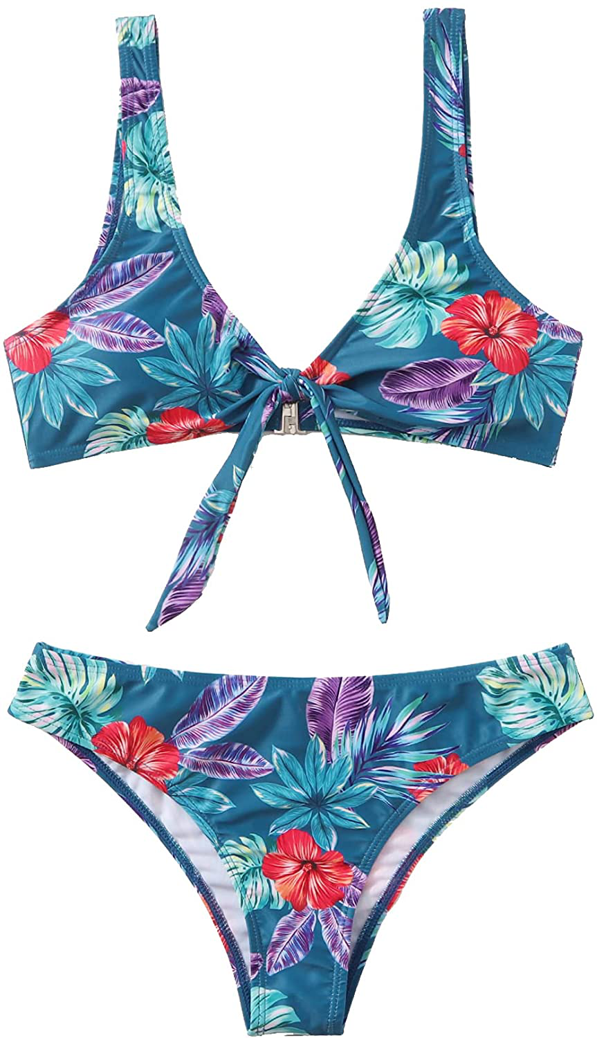 SweatyRocks Women's Sexy Bikini Swimsuit Tie Knot Front Leopard Print Swimwear Set Apparel & Accessories > Clothing > Swimwear SweatyRocks Tropical Multicolour X-Large 