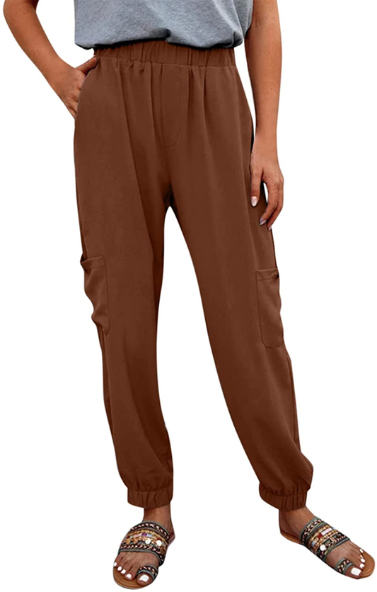 Burband Womens Cotton Elastic Waist Tactical Joggers Pants Cargo Sweatpants with Pockets Hiking Linen Yoga Lounge Trousers Apparel & Accessories > Clothing > Underwear & Socks > Shapewear Burband 2coffee Large 