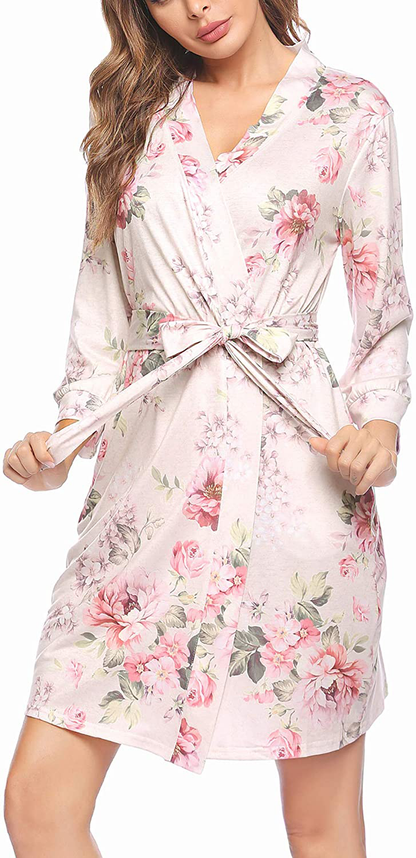 Hotouch Womens Robe Lightweight Kimono Robes Short Knit Bathrobe Soft Sleepwear Ladies Loungewear S-XXL Apparel & Accessories > Clothing > Sleepwear & Loungewear > Robes Hotouch Light Pink Floral X-Large 