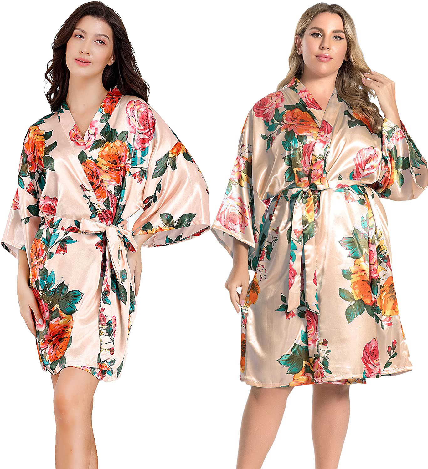 EPLAZA Women Floral Silky Satin Robe Wedding Bridal Party Bride Bridesmaid Robes Kimono Loungewear Dressing Gowns Apparel & Accessories > Clothing > Sleepwear & Loungewear > Robes EPLAZA Champagne Small-Medium 