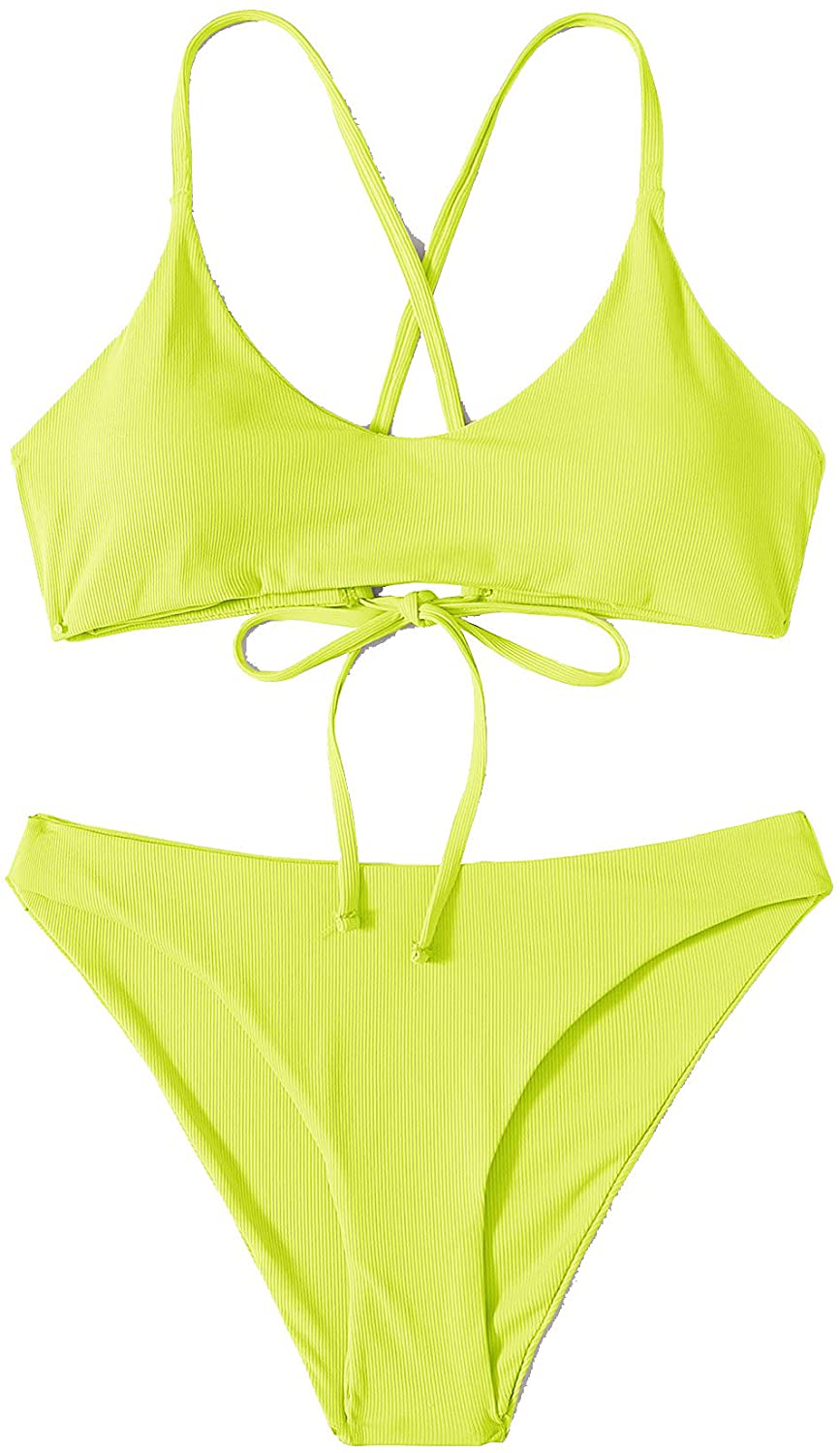 SweatyRocks Women's Bathing Suits Spaghetti Strap Criss Cross Back Bikini Ribbed Swimsuit Apparel & Accessories > Clothing > Swimwear SweatyRocks Fluorescent Yellow Large 