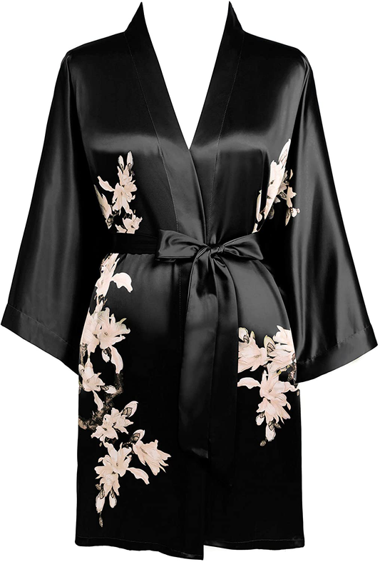 BABEYOND Kimono Robe Cover up Short Floral Kimono Blouse Loose Cardigen Bachelorette Party Robe Apparel & Accessories > Clothing > Sleepwear & Loungewear > Robes KYLIE MAX Black  