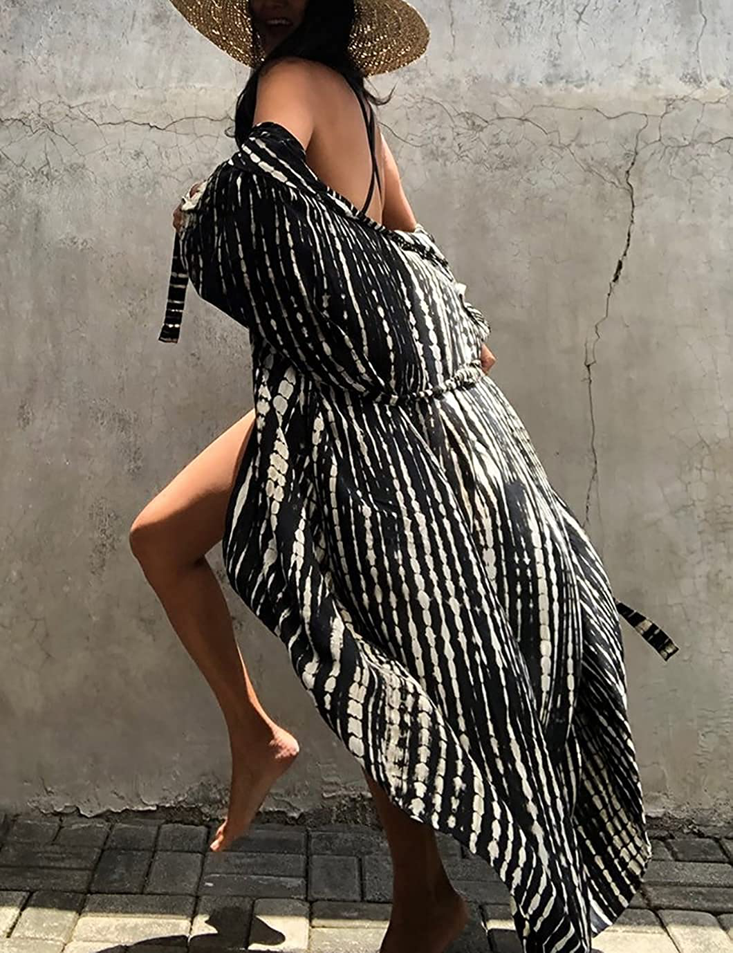 Eddoyee Womens Open Front Swimsuit Cover Ups Long Loose Print Beach Kimono Cardigans with Belt Apparel & Accessories > Clothing > Swimwear Kylie Max   