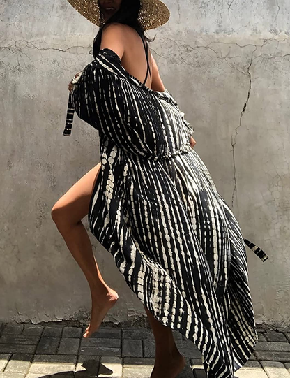 Eddoyee Womens Open Front Swimsuit Cover Ups Long Loose Print Beach Kimono Cardigans with Belt Apparel & Accessories > Clothing > Swimwear Kylie Max   