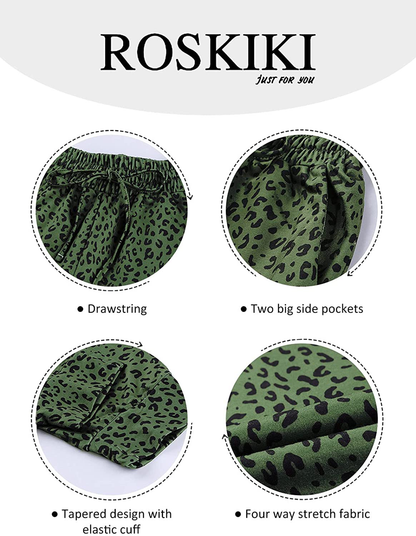 ROSKIKI Womens Leopard Drawstring Elastic Waist Sports Lounge Pants with Pockets Apparel & Accessories > Clothing > Activewear Kylie Max   