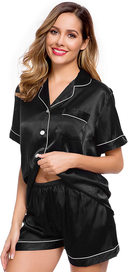 Lecgee Womens Silk Satin Pajamas Short Sleeve Loungewear Two-Piece Sleepwear Button-Down Pj Set Apparel & Accessories > Clothing > Sleepwear & Loungewear > Pajamas Kylie Max   