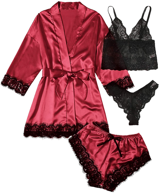 WDIRARA Women'S 4 Pieces Satin Floral Lace Cami Top Lingerie Pajama Set with Robe Apparel & Accessories > Clothing > Underwear & Socks > Lingerie WDIRARA Burgundy Black Medium 