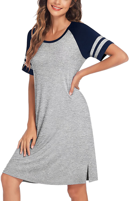 Hotouch Nightshirts Womens Nightgowns Raglan Striped Short Sleeve Sleepwear Comfy Sleepshirt S-XXL Apparel & Accessories > Clothing > Sleepwear & Loungewear > Nightgowns Kylie Max   