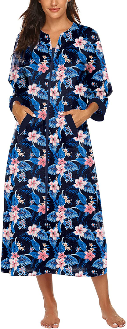 Ekouaer Women Zipper Robe 3/4 Sleeves Loungewear Full Length Sleepwear Pockets Housecoat Long Soft Bathrobe Apparel & Accessories > Clothing > Sleepwear & Loungewear > Robes Ekouaer   