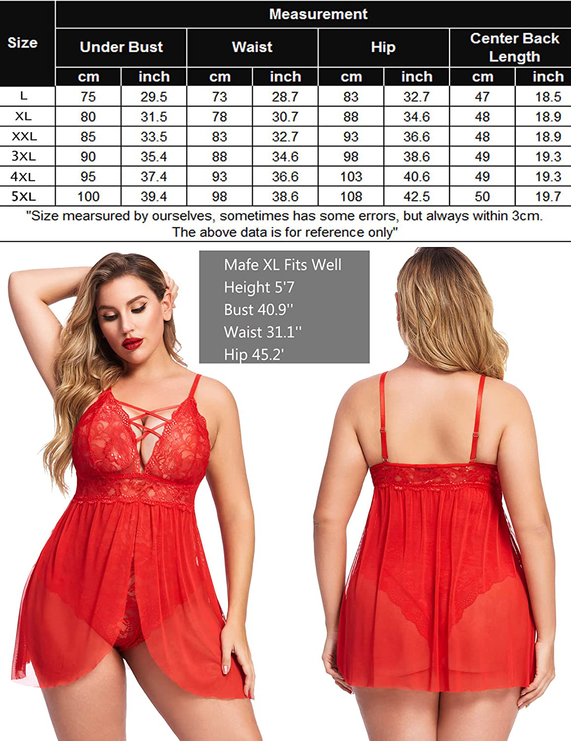 Avidlove plus Size Babydoll Womens Snap Crotch Lingerie V Neck Lace Nighty Mesh Sleepwear L-5XL Apparel & Accessories > Clothing > Underwear & Socks > Lingerie Kylie Max   