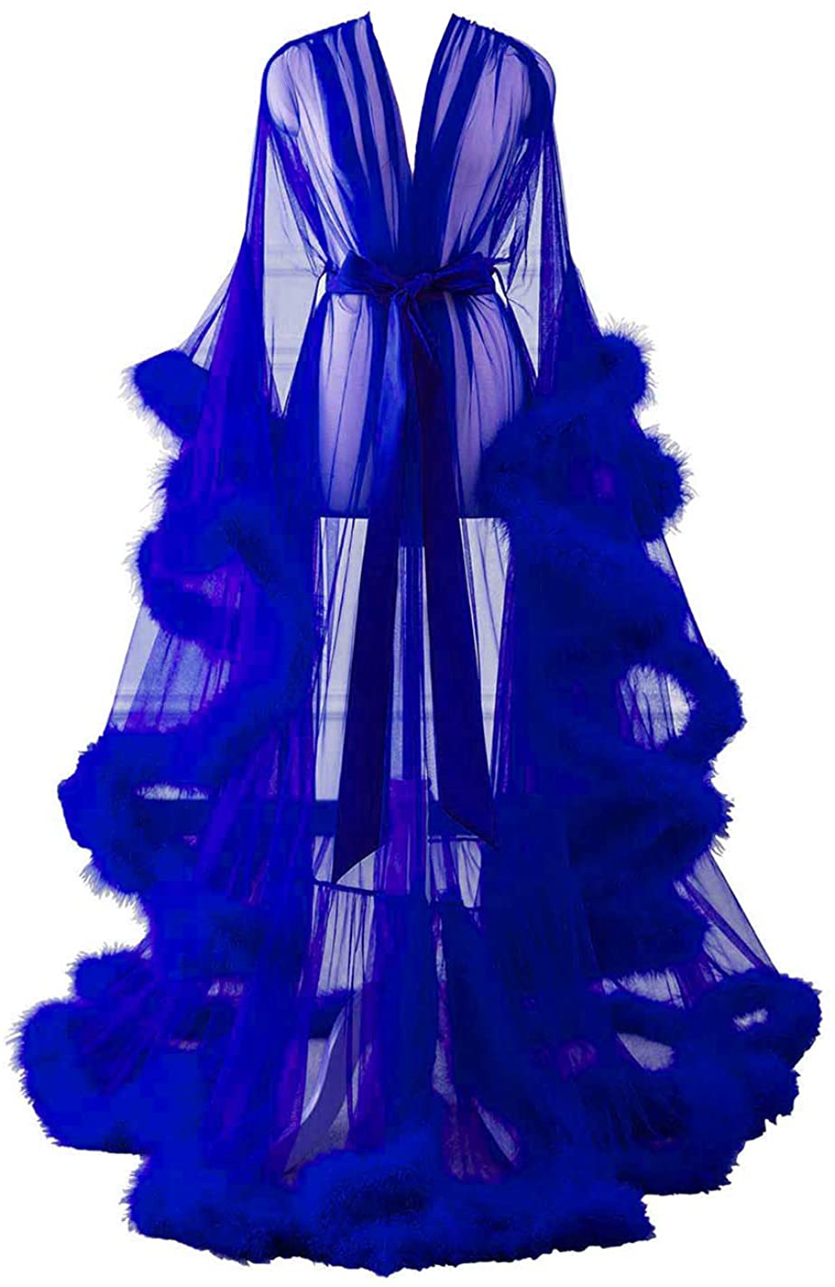 Changuan Sexy Illusion Long Lingerie Robe Nightgown Bathrobe Sleepwear Feather Bridal Robe Wedding Scarf Apparel & Accessories > Clothing > Sleepwear & Loungewear > Robes Changuan Royal Blue 3X-Large 