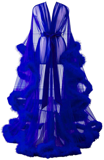 Changuan Sexy Illusion Long Lingerie Robe Nightgown Bathrobe Sleepwear Feather Bridal Robe Wedding Scarf Apparel & Accessories > Clothing > Sleepwear & Loungewear > Robes Changuan Royal Blue 3X-Large 