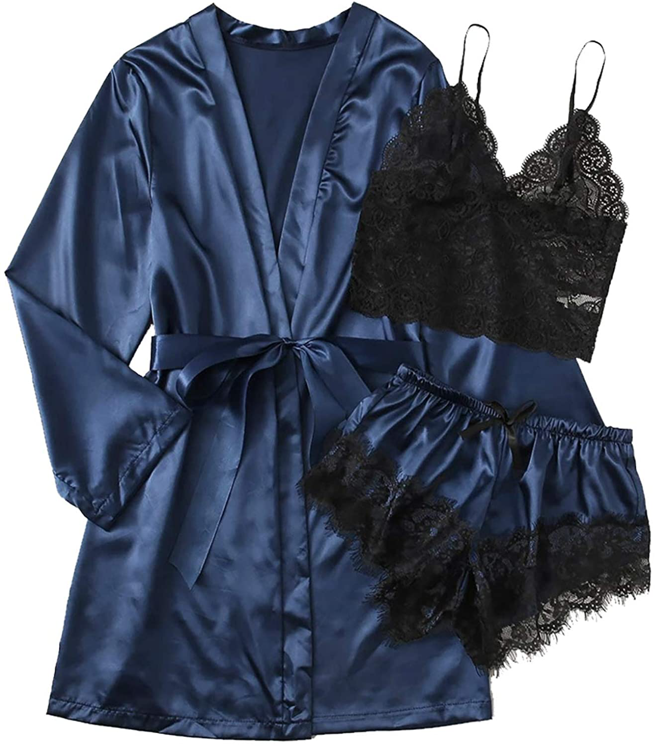 TAKOYI Women'S Sexy Lace 3 Piece Satin Robe and Pajama Set Cami Top Lingerie with Robe Camisole Shorts Apparel & Accessories > Clothing > Sleepwear & Loungewear Kylie Max   