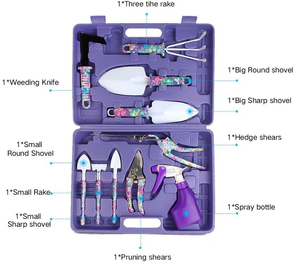 Garden Tools Set, JUMPHIGH 10 Pieces Gardening Tools with Purple Floral Print, Ergonomic Handle Trowel Rake Weeder Pruner Shears Sprayer, Garden Hand Tools with Carrying Case Gardening Gifts for Women Arts & Entertainment > Party & Celebration > Gift Giving JUMPHIGH   