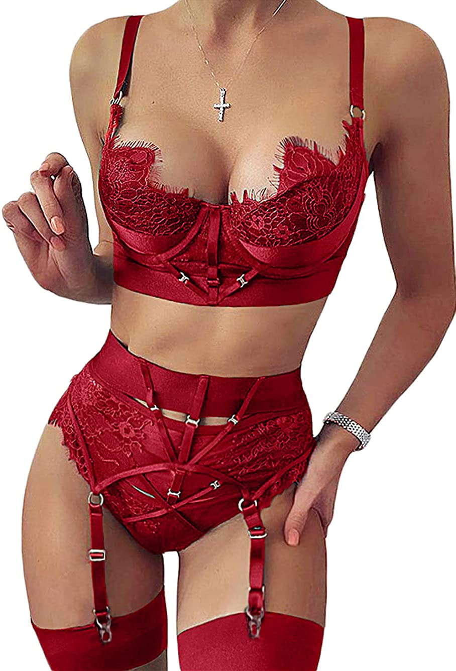 Kaei&Shi Floral Lace Patchwork,Underwire,Cutout,4 Piece,Garter Lingerie for Women Apparel & Accessories > Clothing > Underwear & Socks > Lingerie Kaei&Shi Burgundy 0-2 