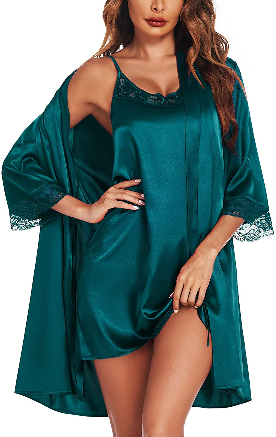 Ekouaer Satin Robes Set Women'S Silk Nightgown 2 Piece Sleepwear Sexy Lace Cami Nightwear Apparel & Accessories > Clothing > Sleepwear & Loungewear > Robes Ekouaer Dark Green X-Large 