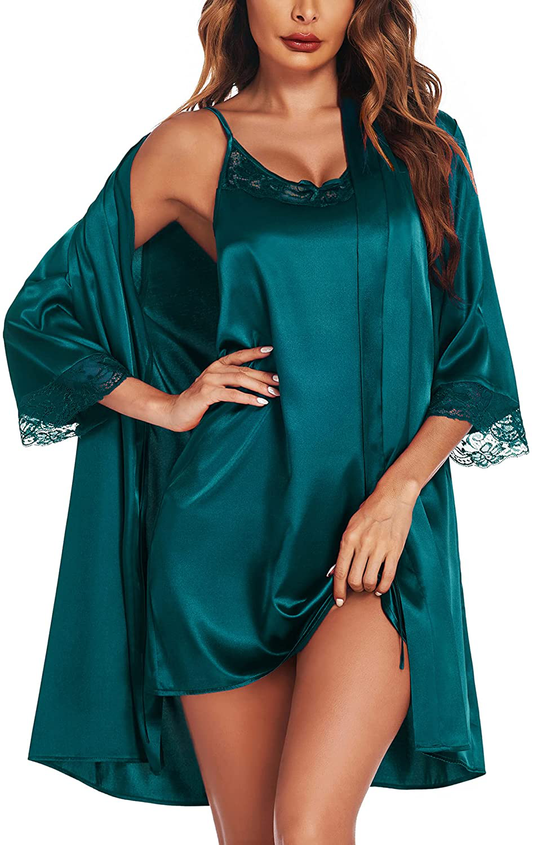 Ekouaer Satin Robes Set Women'S Silk Nightgown 2 Piece Sleepwear Sexy Lace Cami Nightwear Apparel & Accessories > Clothing > Sleepwear & Loungewear > Robes Ekouaer Dark Green X-Large 