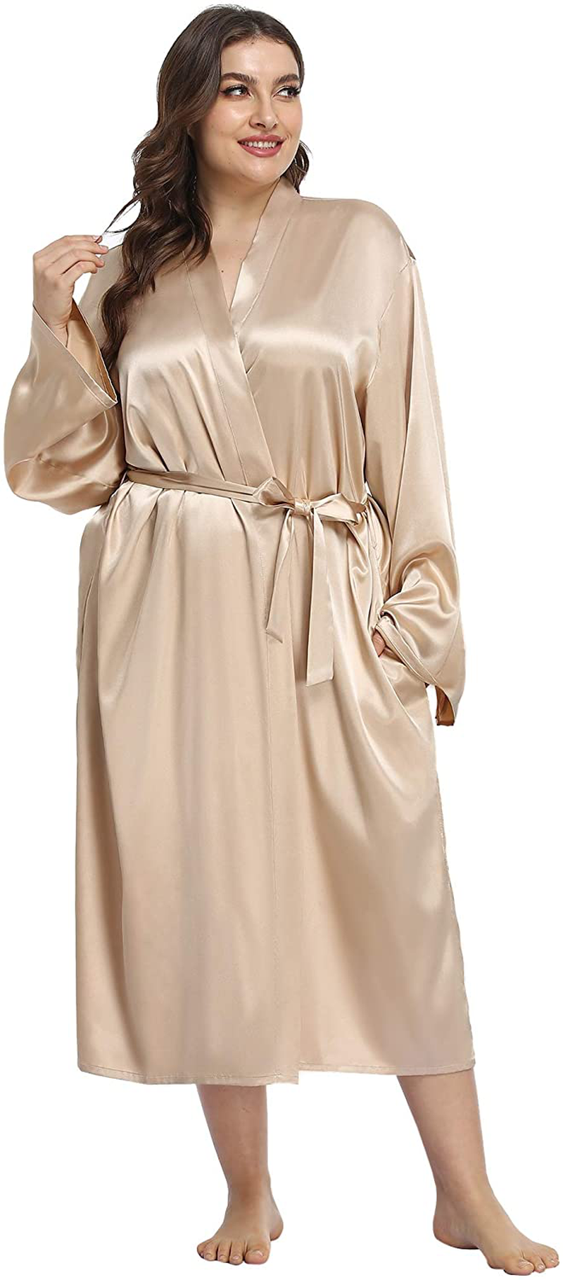Ifigure Women'S plus Size Satin Robe Long Bathrobes Dressing Gown Soft Sleepwear Apparel & Accessories > Clothing > Sleepwear & Loungewear > Robes iFigure   