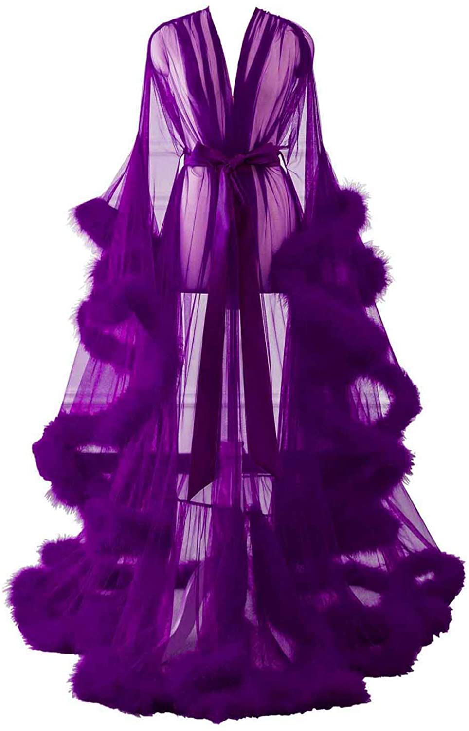 Changuan Sexy Illusion Long Lingerie Robe Nightgown Bathrobe Sleepwear Feather Bridal Robe Wedding Scarf Apparel & Accessories > Clothing > Sleepwear & Loungewear > Robes Changuan   