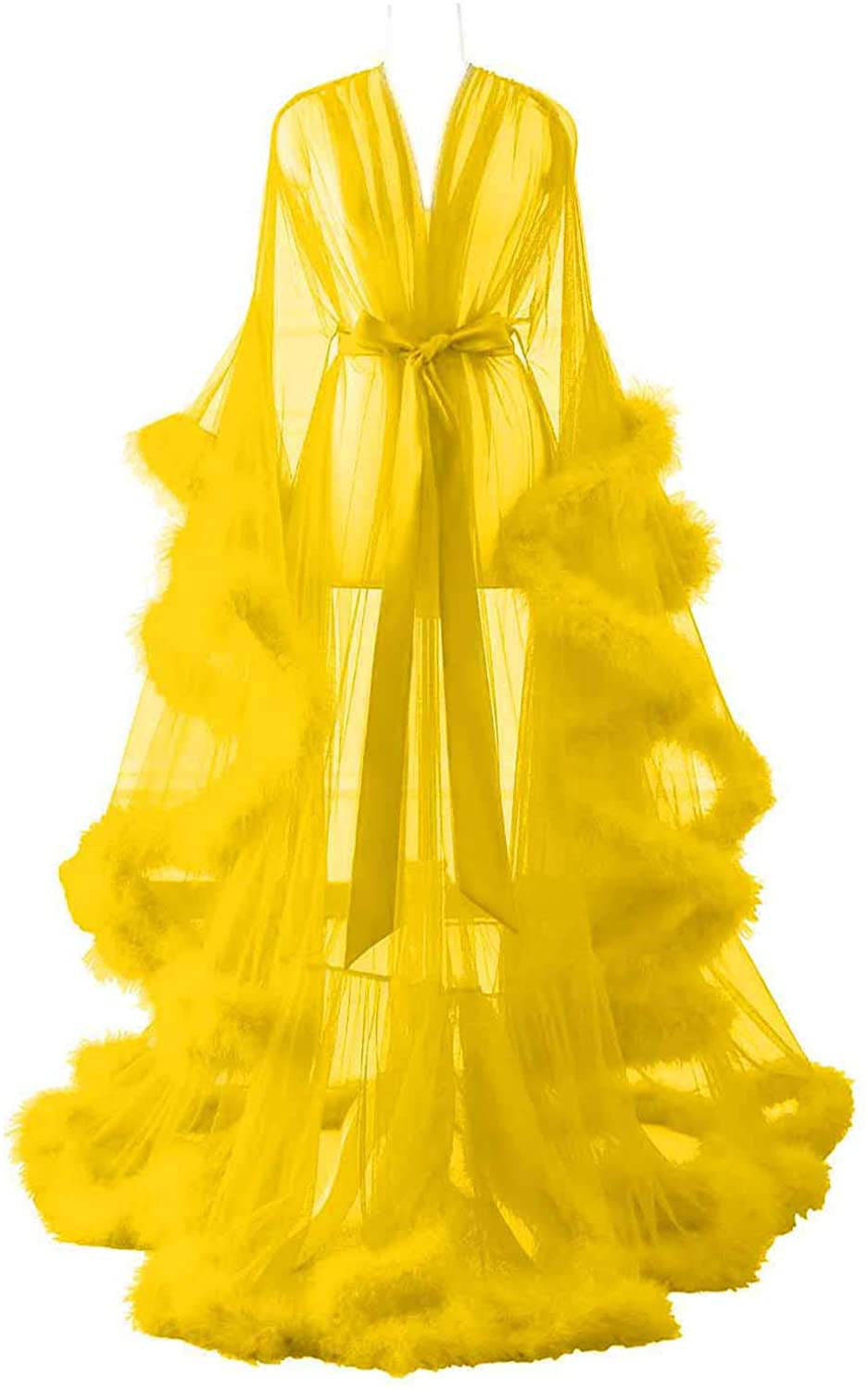 Changuan Sexy Illusion Long Lingerie Robe Nightgown Bathrobe Sleepwear Feather Bridal Robe Wedding Scarf Apparel & Accessories > Clothing > Sleepwear & Loungewear > Robes Changuan Yellow XX-Large 
