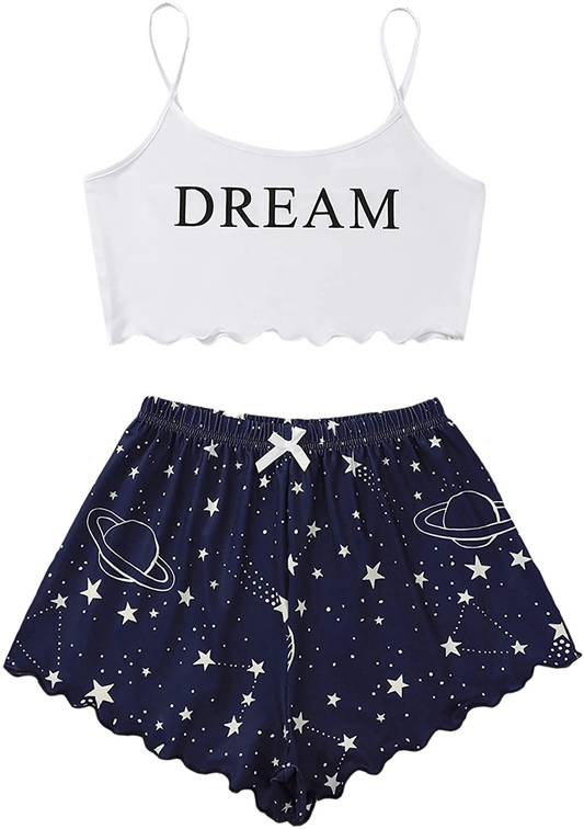 SOLY HUX Women'S Cartoon Print Lettuce Trim Cami Top and Shorts Cute Pajama Set Sleepwear Apparel & Accessories > Clothing > Sleepwear & Loungewear Kylie Max   