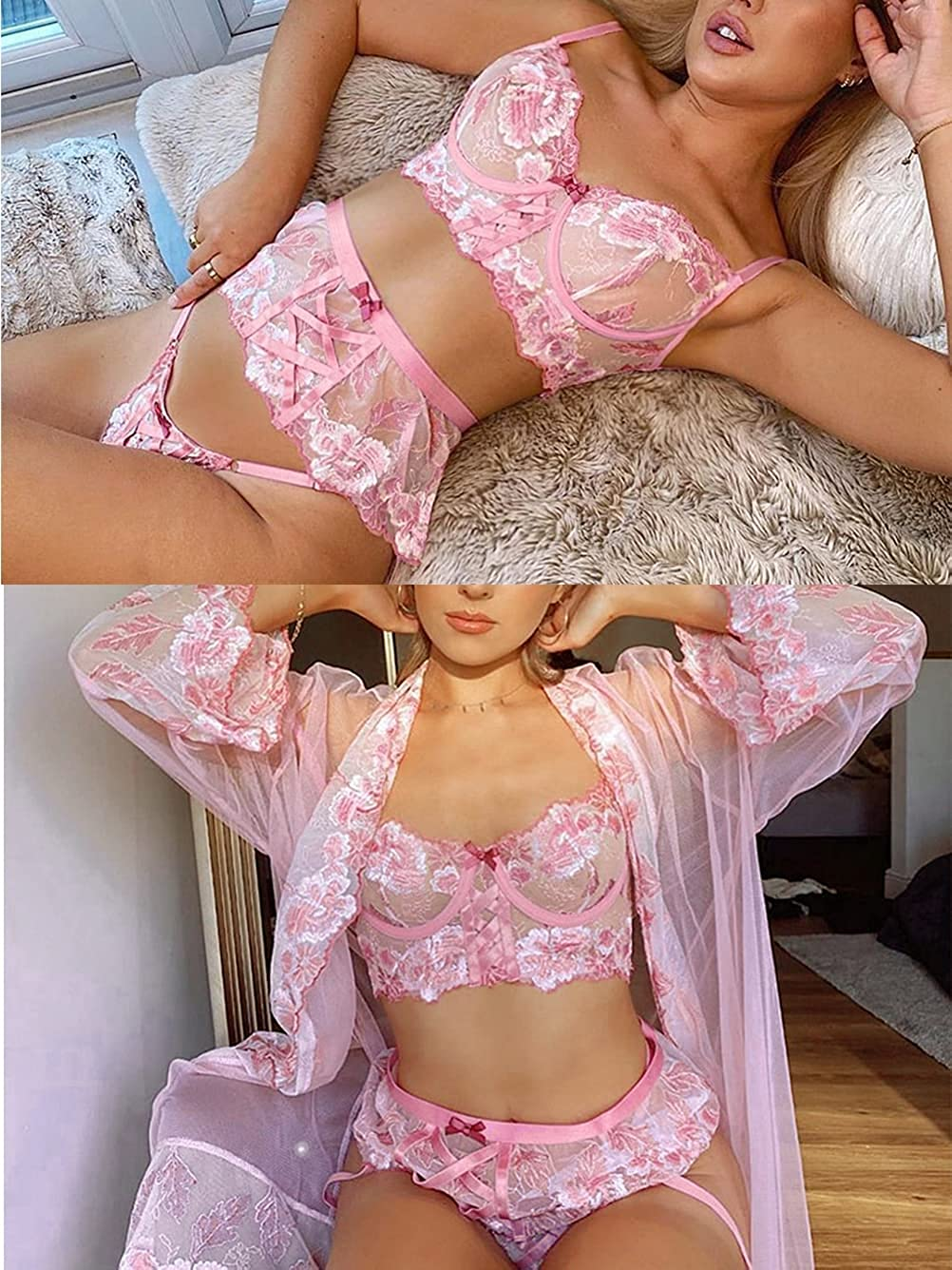 Kaei&Shi Cute Floral Embroidered, Lace up Strap, 3 Piece High Waisted Garter Lingerie Apparel & Accessories > Clothing > Underwear & Socks > Lingerie Kaei&Shi   
