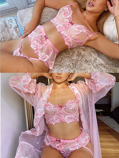 Kaei&Shi Cute Floral Embroidered, Lace up Strap, 3 Piece High Waisted Garter Lingerie Apparel & Accessories > Clothing > Underwear & Socks > Lingerie Kaei&Shi   