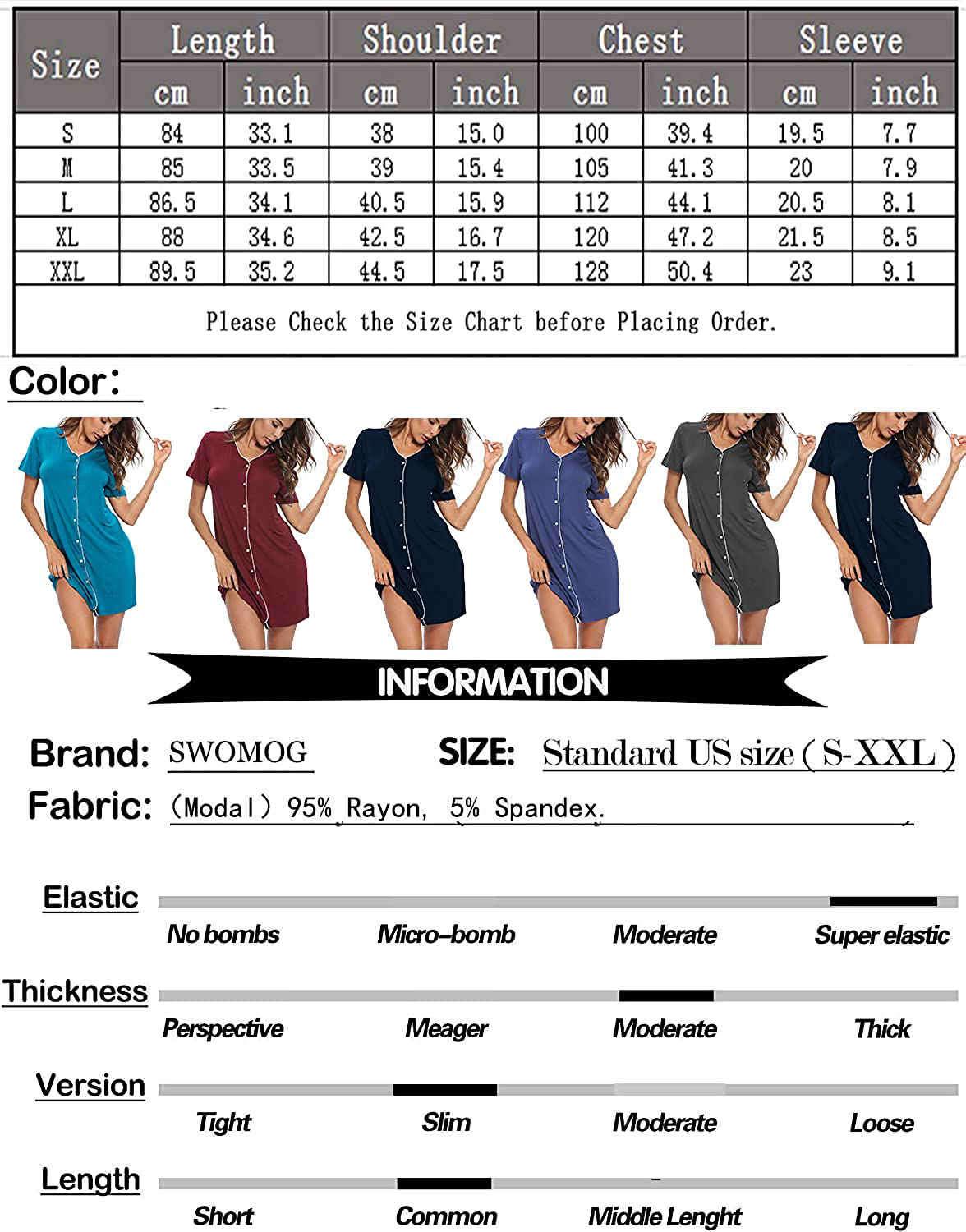 SWOMOG Women'S Button down Nightgown Short Sleeve Nightshirt V-Neck Sleepwear Boyfriend Sleepshirt Pajama Dress Apparel & Accessories > Clothing > Sleepwear & Loungewear > Nightgowns Kylie Max   